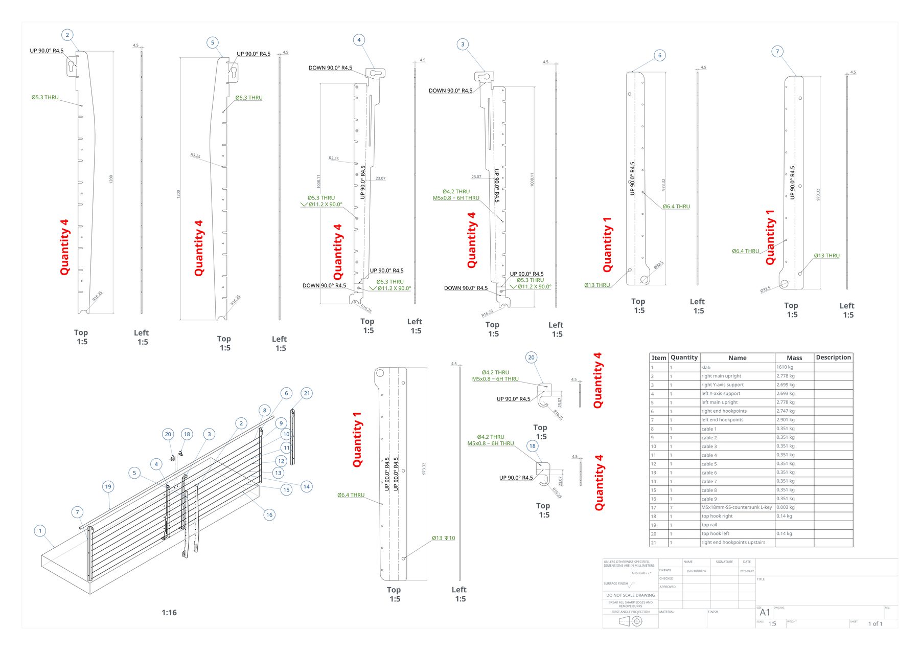 Balustrade — Onshape technical drawing with parts list